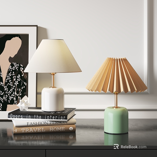 Modern Table Lamps with White Fabric Shade and Green Base on Stacked Books Home Decor 3d model 