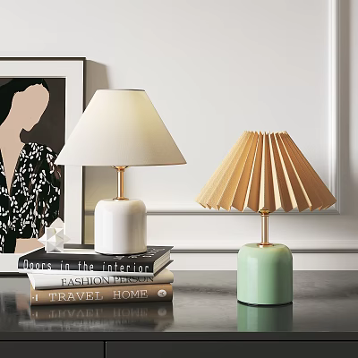 Modern Table Lamps with White Fabric Shade and Green Base on Stacked Books Home Decor 3d model