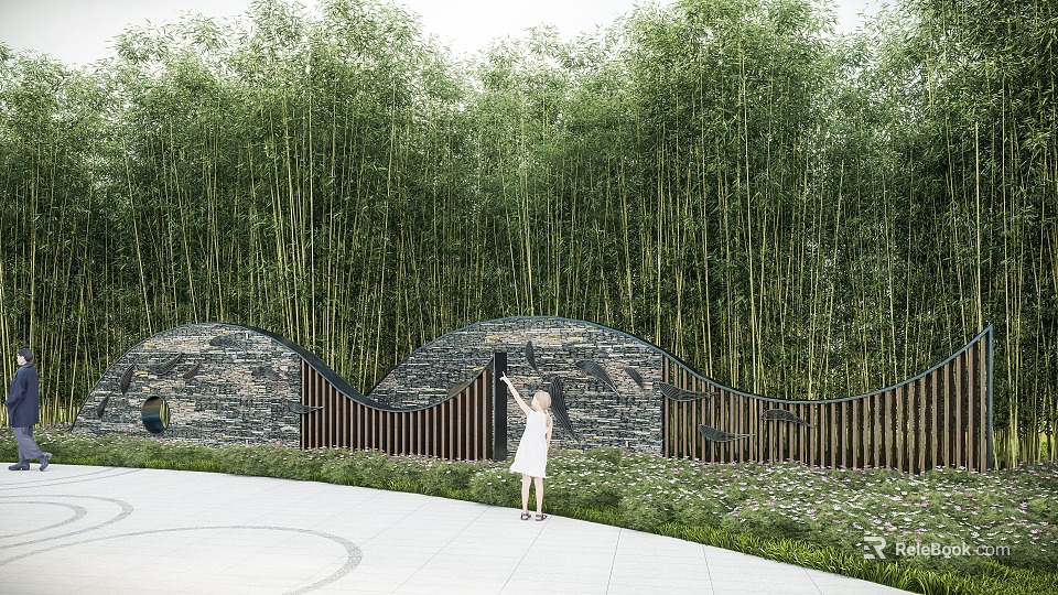 Natural Landscape Wall With Stone Structure And Wooden Fence Against Bamboo Forest 3d model 