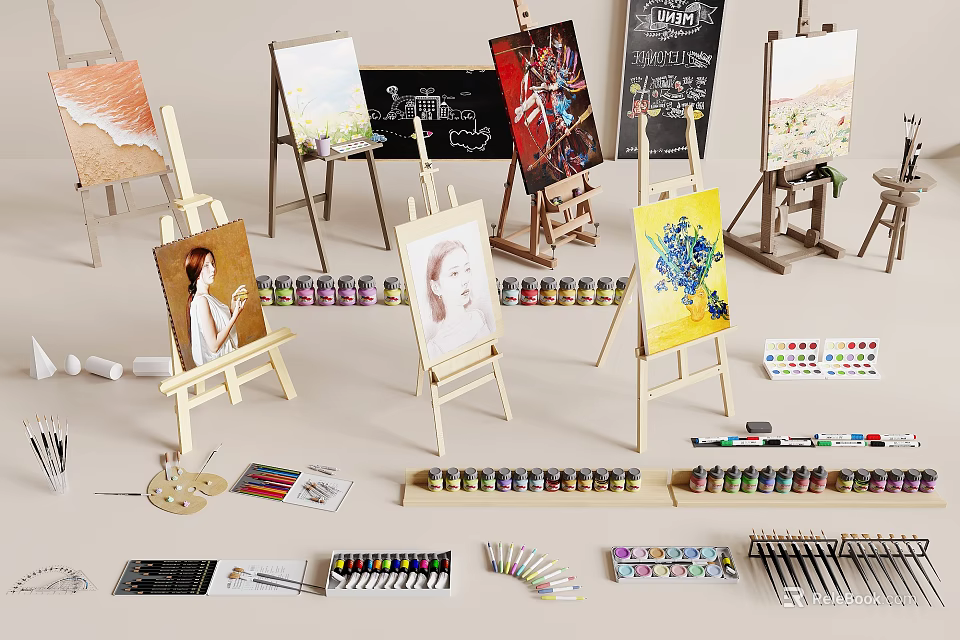 Professional Art Painting Supplies With Easels Brushes Paints Palettes And Artworks 3d model 