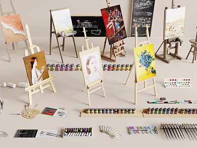 Professional Art Painting Supplies With Easels Brushes Paints Palettes And Artworks 3d model