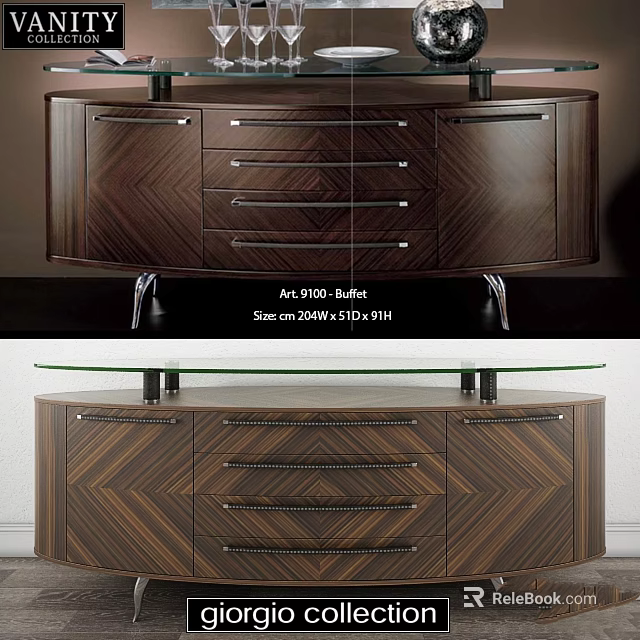 Elegant Modern Wooden Sideboard With Chevron Pattern Drawers Glass Top And Metal Legs 3d model 