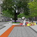 Urban Commercial Landscape With Modern Buildings Green Trees Orange Structures And Pedestrians