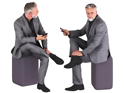 Two Men in Gray Suits Sitting on Purple Cubes Holding Mobile Phones and Interacting 3d model