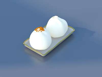 Two White Steamed Buns On Rectangular Plate With Golden Border And Orange Topping 3d model