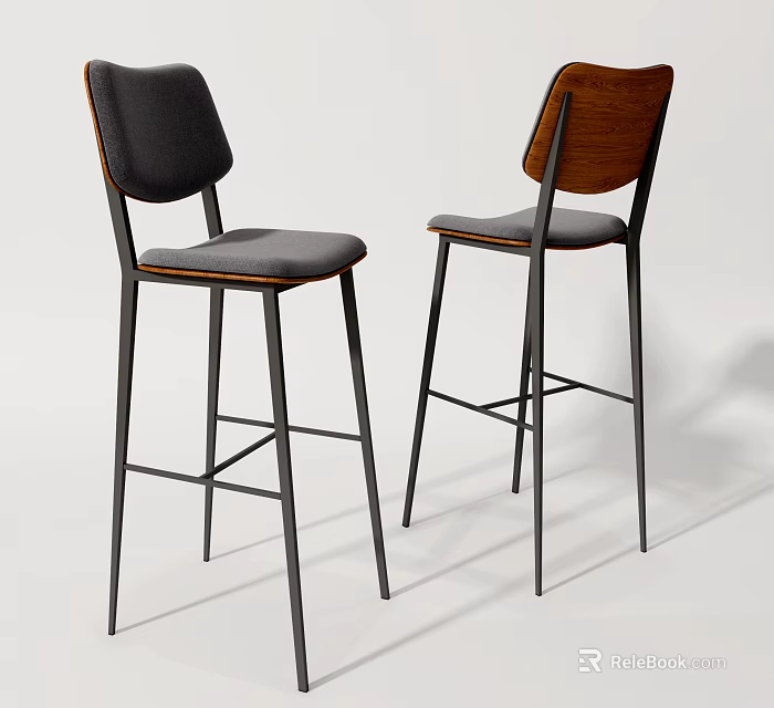 Modern Bar Stools With Wooden Backrest Padded Seat And Black Metal Legs 3d model 