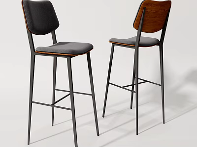Modern Bar Stools With Wooden Backrest Padded Seat And Black Metal Legs 3d model