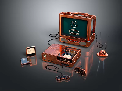Vintage Copper Colored Computer Setup With Monitor Tower Controllers And Discs 3d model