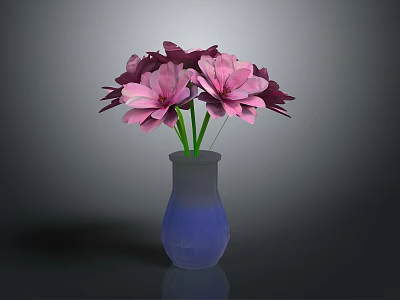 Elegant Blue Glass Vase With Pink Purple Flowers And Green Stems 3d model