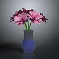 Elegant Blue Glass Vase With Pink Purple Flowers And Green Stems