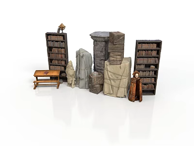 Decorative Scene Components With Bookshelves Stone Statues Stone Stacks And Wooden Bench 3d model