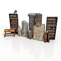 Decorative Scene Components With Bookshelves Stone Statues Stone Stacks And Wooden Bench