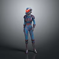 Futuristic Scifi Astronaut In Blue And Red Striped Spacesuit With Helmet
