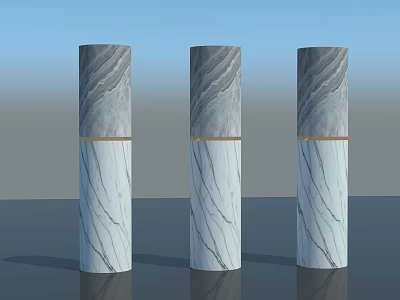 Three Cylindrical Marble Decorative Columns With Gray White Texture And Golden Middle Stripe 3d model