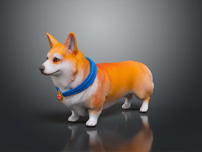 Orange And White Corgi Dog With Blue Collar And Bell Standing On Gray Background 3d model