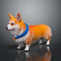 Orange And White Corgi Dog With Blue Collar And Bell Standing On Gray Background