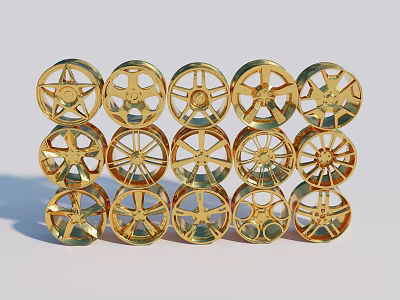 Golden Wheel Models Neatly Arranged in Three Rows and Five Columns 3d model