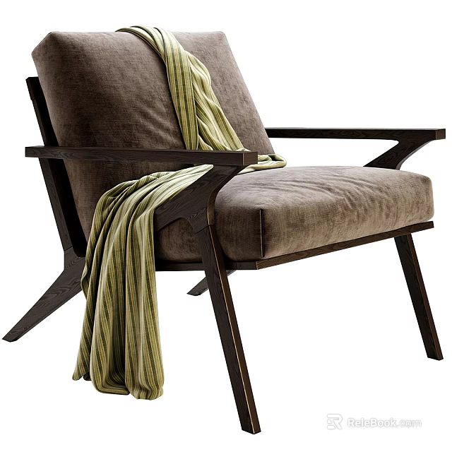 Modern Upholstered Single Sofa With Wooden Armrests And Green Striped Blanket 3d model 