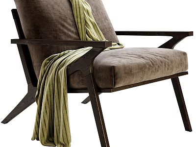 Modern Upholstered Single Sofa With Wooden Armrests And Green Striped Blanket 3d model