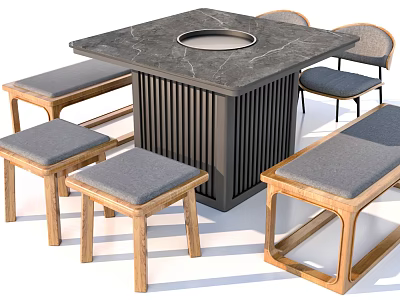 Modern Square Dining Table Set With Marble Tabletop Circular Opening Wooden Gray Padded Chairs And Bench 3d model
