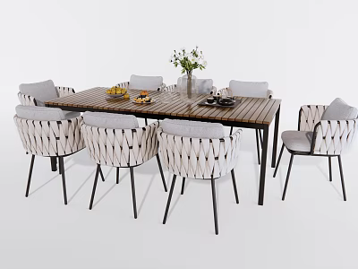 Wooden Dining Table and Chairs Set with Woven Seats Black Metal Legs and Fruits Vase 3d model
