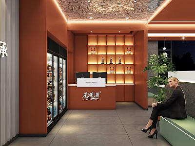 Inviting Orange Restaurant Interior With Refrigerator Case Wine Rack Green Bench And Ceiling Lights 3d model