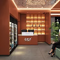 Inviting Orange Restaurant Interior With Refrigerator Case Wine Rack Green Bench And Ceiling Lights 3d model