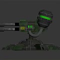 Futuristic Robotic Turret With Green Glowing Sensors Multiple Barrels And Metal Base