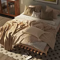 Cozy Double Bed Bedroom Interior With Pillows Blanket Dresser Nightstand And Framed