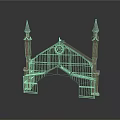 Historic Arched Gateway Building With Two Spired Towers Iron Grilles And Clock