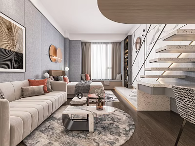Modern Apartment Interior With Light Gray Sofa Throw Pillows And Staircase 3d model