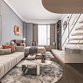 Modern Apartment Interior With Light Gray Sofa Throw Pillows And Staircase 3d model