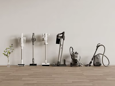 Various Styles of Vacuum Cleaners Arranged on Wooden Floor With White Wall and Green Plant 3d model