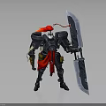 Detailed 3D Warrior Figure in Black Armor With Giant Sword and Red Cape