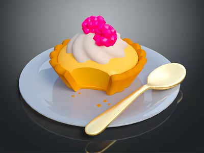 Delicious Yellow Pie With White Cream Pink Raspberries On White Plate And Golden Spoon 3d model