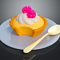 Delicious Yellow Pie With White Cream Pink Raspberries On White Plate And Golden Spoon