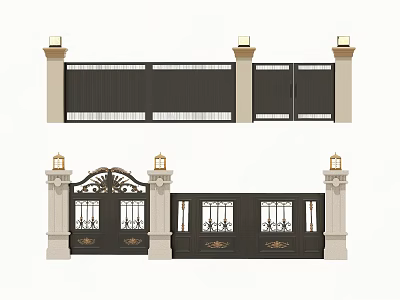 Exterior Building Wall Gate Design With Ornate Black Metal Pillars And Decorative Lanterns 3d model
