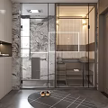 Modern Bathroom Interior Design With Marble Walls Double Vanity Mirror And Tiled Floor
