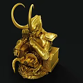Golden Mythical Horned Figure Sculpture With Intricate Armor And Decorative Base