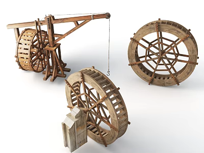 Antique Wooden Wheel Mechanisms With Various Traditional Designs And Wooden Frames 3d model