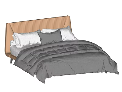 Double Bed with Brown Woven Headboard Gray Puffy Comforter and Pillows 3d model