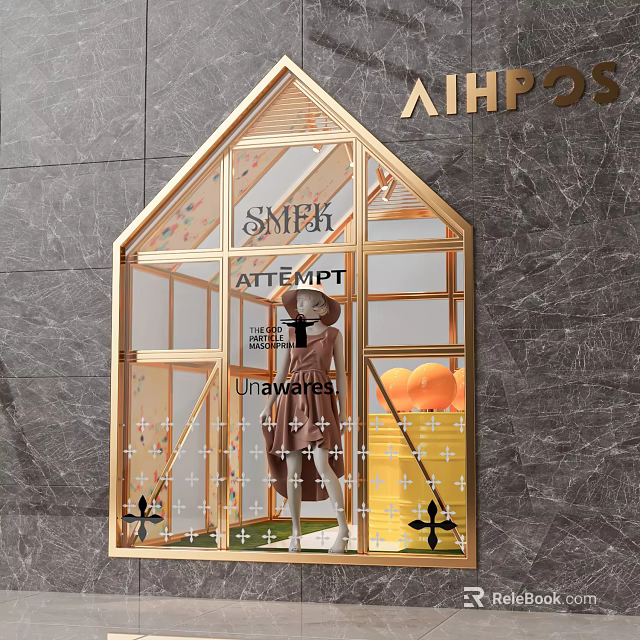 House Shaped Shop Window with Golden Frame featuring Mannequin in Brown Coat and Yellow Bucket 3d model 