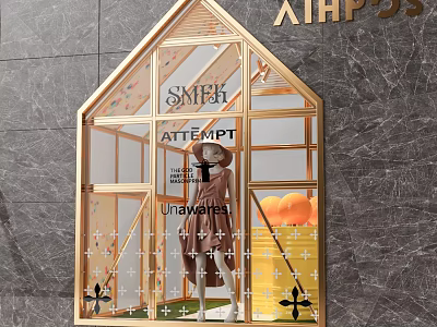 House Shaped Shop Window with Golden Frame featuring Mannequin in Brown Coat and Yellow Bucket 3d model
