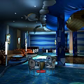 Stylish Bar Interior Design With Blue Wavy Ceiling Decorative Columns Round Tables And Cozy Chairs