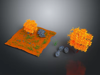 Scenic Natural Landscape Featuring Orange Trees Stones Green Grass And Orange Ground 3d model