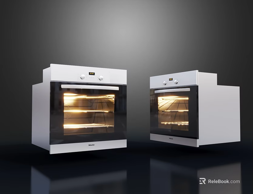 Two Modern White Kitchen Ovens With Glass Doors And Interior Lighting 3d model