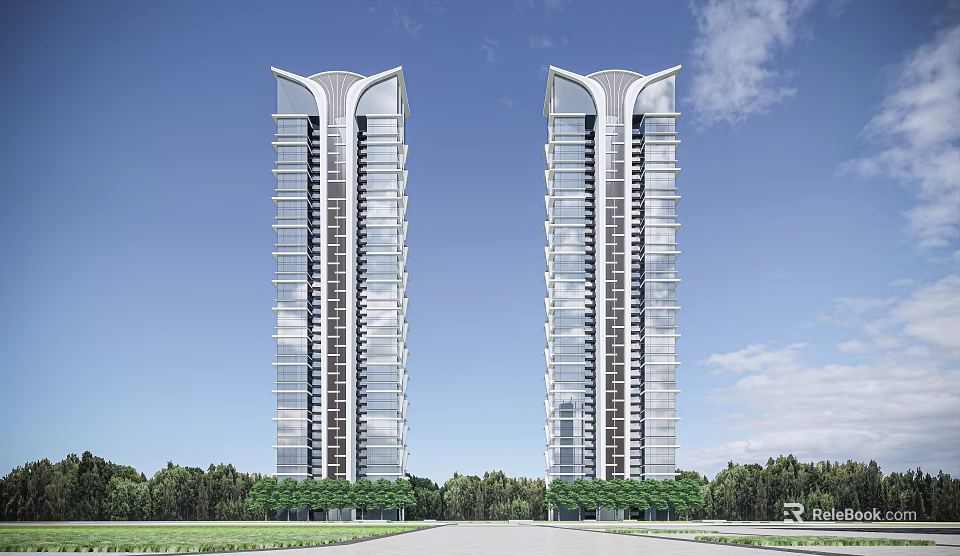 Modern High Rise Residential Buildings Surrounded by Green Trees and Lawn Under Clear Blue Sky 3d model 