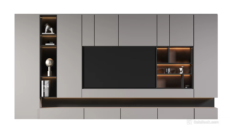 Modern Gray TV Wall Unit With Large Black Screen And LED Lit Open Shelves 3d model 