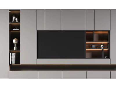 Modern Gray TV Wall Unit With Large Black Screen And LED Lit Open Shelves 3d model
