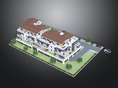 Multi Story Residential Building With Red Roof White Exterior And Landscaped Parking Area 3d model